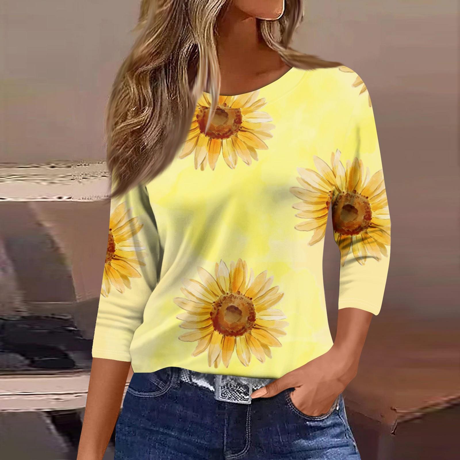 

Жіночі топи з квітковим принтом і рукавом 3/4, вінтажні модні повсякденні вільні сорочки з круглим вирізом і великим розміром XL жовтий