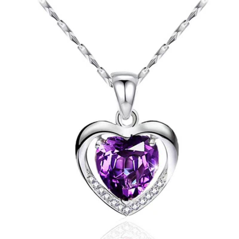 Sea Blue Heart Necklace for Women Korean Style Light Luxury Niche Heart Shaped White Copper Pendant Simple Temperament Collarbone Chain