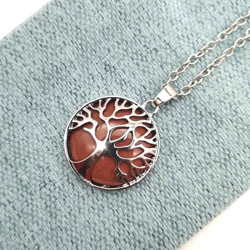 Multi-Color Hollow Natural Stone Pendant Item Round Alloy Tree Of Life Necklace Elegant And Fashionable