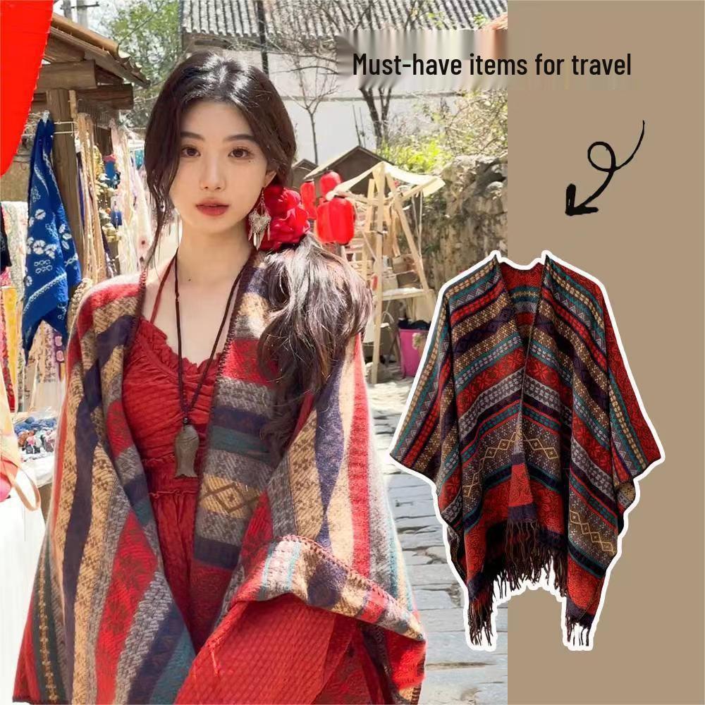 Ethnic Ink Painting Tassel Shawl Cape - Imitation Cashmere, Women's Travel Outfit