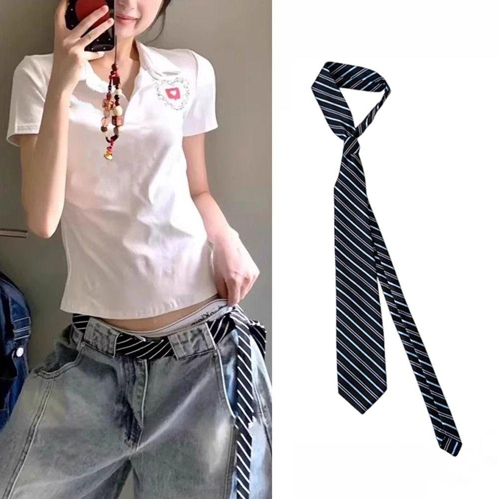 Long Skinny Necktie Scarf Decorative Accessory Striped Neck Tie Striped Waist Belt Women Men