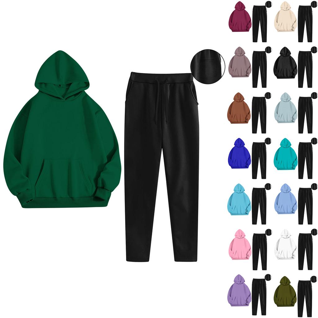 Women's Fashionable Relaxed-Fit Hooded Sweatshirt With Pockets And Fleece-Lined Trousers Set