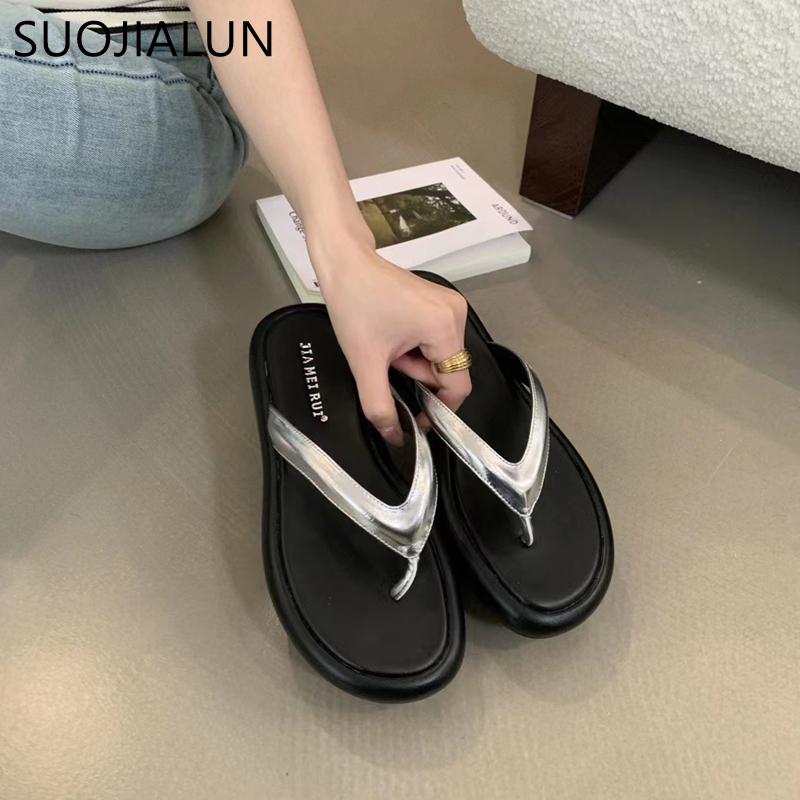 Fashion SUOJIALUN 2024 Summer New Brand Women Slipper Fashion Low Weadge Heel Dress Sandal Shoes Open Toe Slip On Outdoor Dress Slides