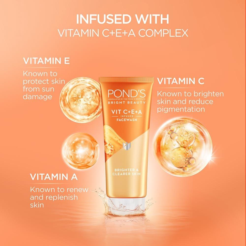 POND'S Bright Beauty Vitamin C E A Gel Face Wash 100ml For Glowing Skin Oil Control Instant Radiance Cleanser For All Skin Types