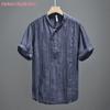 Retro Japanese Men's Crinkled Linen Shirt - Solid Color Short Sleeve with Stand Collar