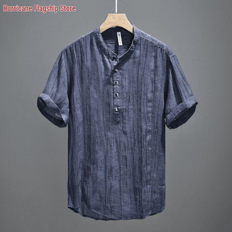 Retro Japanese Men's Crinkled Linen Shirt - Solid Color Short Sleeve with Stand Collar