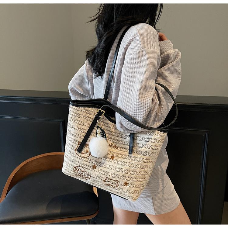 Strohtasche Damen 2025 neu lässig einfach große Kapazität gewebte Tasche Schulter-Tragetasche
