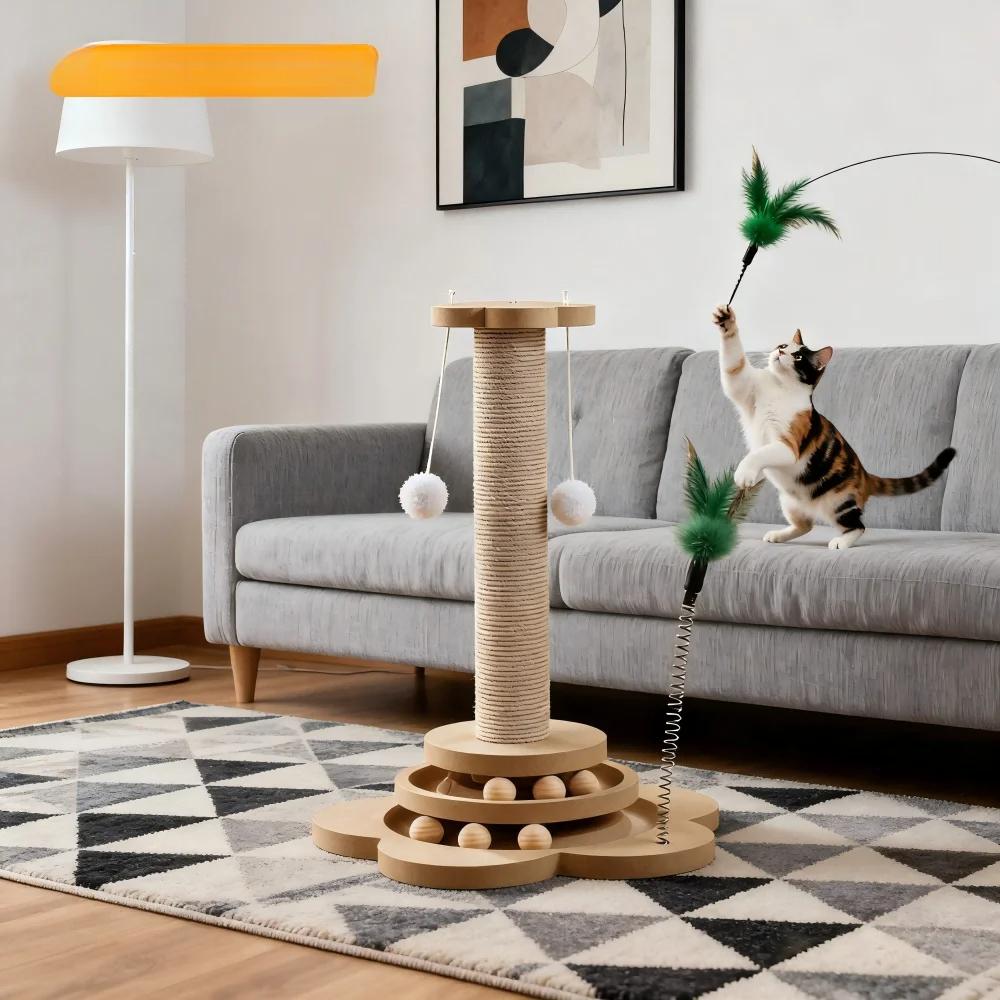 Pet Cat Toy Solid Wood Cat Turntable Funny Cat Stick Balls Durable Sisal Scratching Board Cat Supplies Cat Grab Column