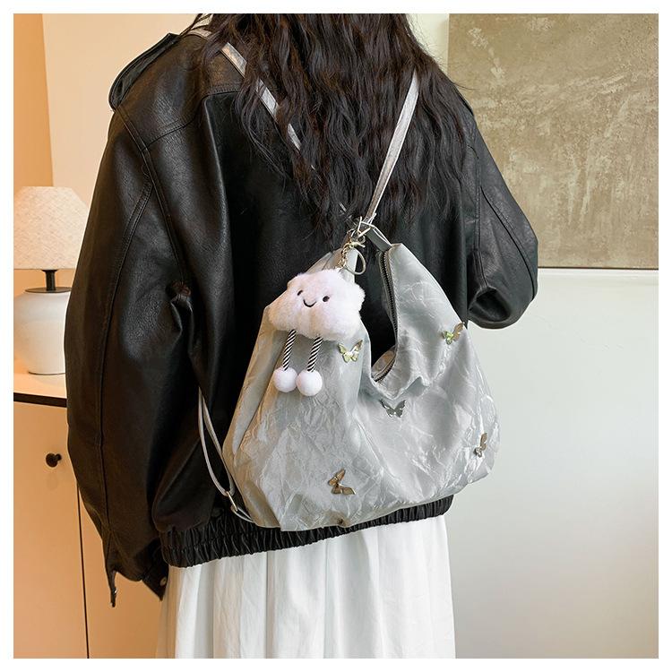 Women's Faux Leather Large Capacity Shoulder Bag, Soft Single Strap Crossbody Purse, Butterfly Decorated Commuter Tote with Zipper Closure