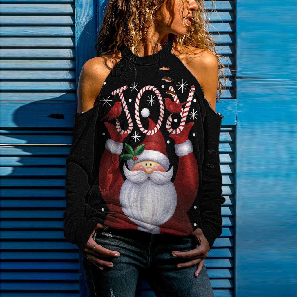 1116 European and American ebay new Christmas women's clothing ripped hollow long-sleeved T-shirt top