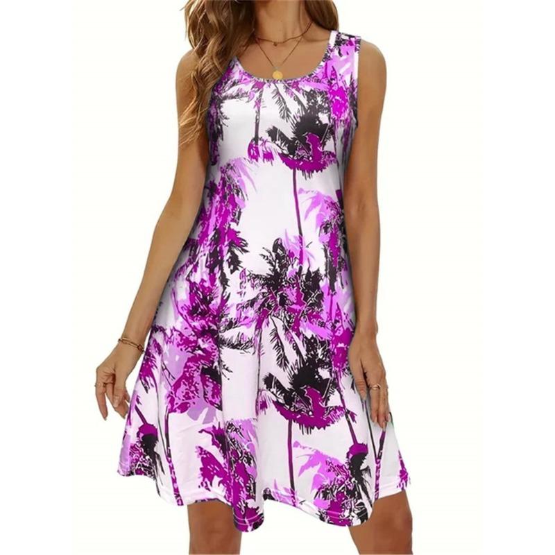 

Plants And Flower Buds Pattern Women Mini Dresses Summer Sleeveless O-Neck S