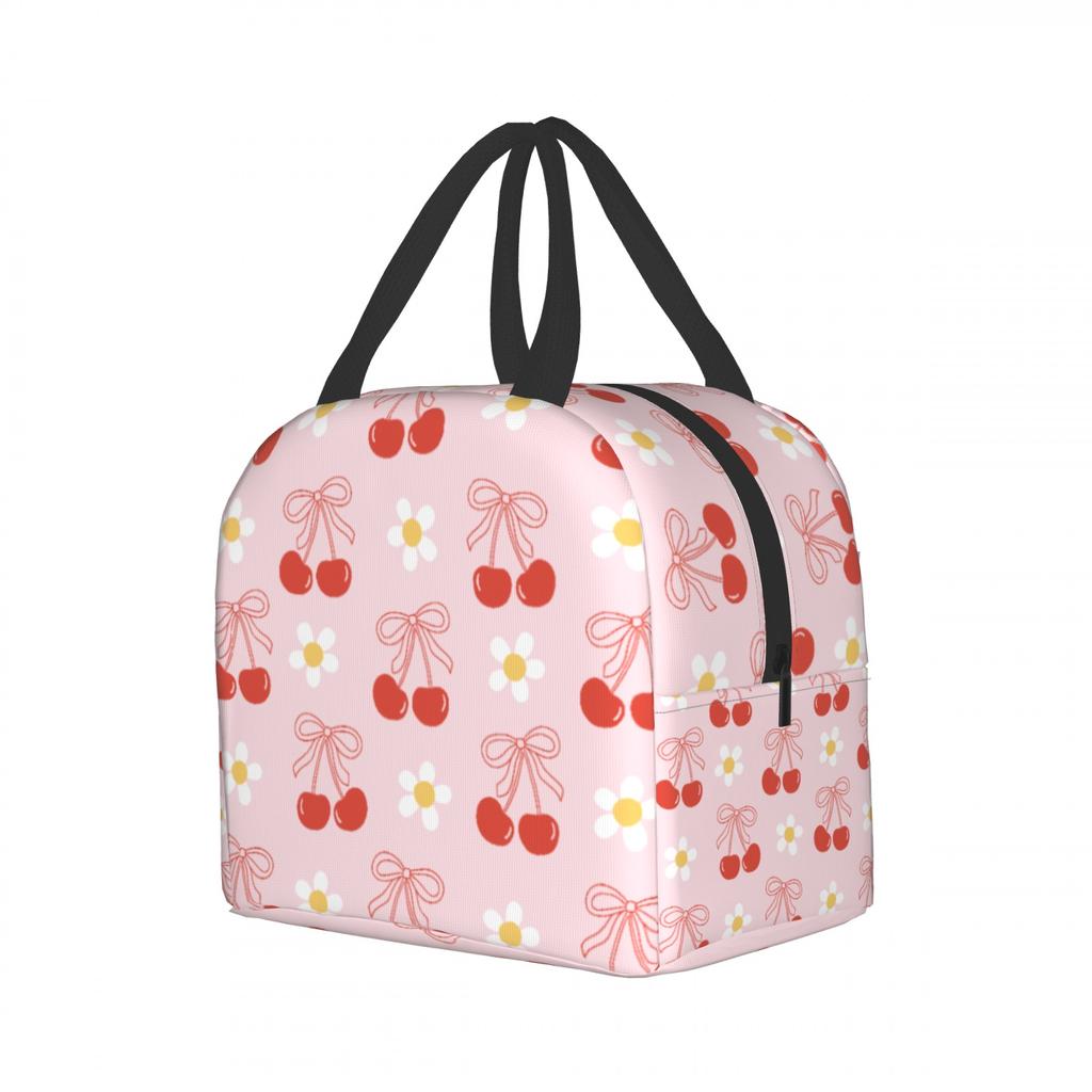 Cherry bow flowers Lunch Bag Waterproof Insulated Canvas Cooler Bag Thermal Cold Food Picnic Travel Tote for Women Children