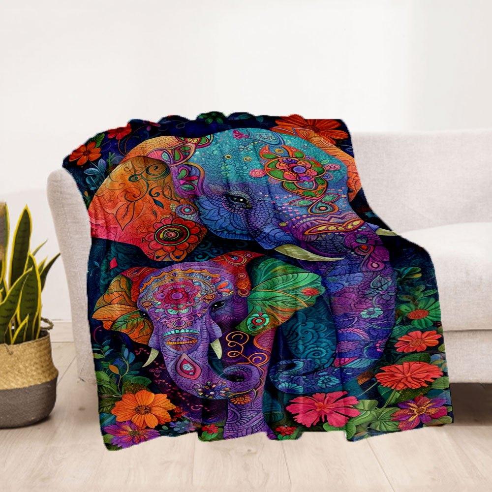 Colorful Elephant Family Art Print - Bohemian Floral DecorBlanket Flannel Throw Blanket for Sofa, Bed, Travel, Camping, Office, Couch, Chair