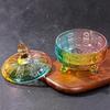 Glass Candy Dish with Non-Airtight Lid,Rainbow Candy Jar,Colorful Embossed Vintage Candy Bowl with Lid for Office Desk Coffee Table,Buffet Storage