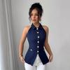 Women's Deep Blue Sleeveless Halter Top with Gold Button Decorations