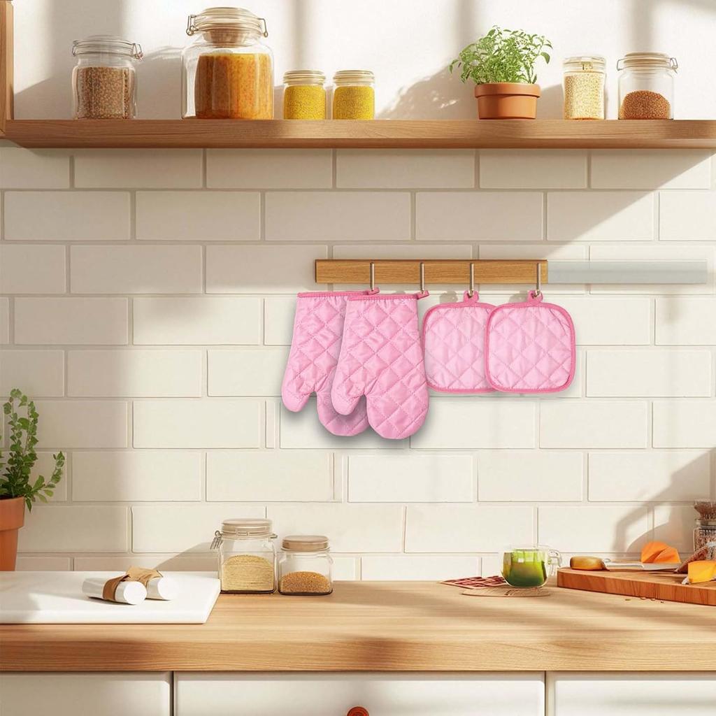 Pink Heat Resistant Oven Mitts and Potholders Set, 2 Packs of Quilted Gloves and 2 Packs of Heatproof Pads, Strong Grip for Hot Pans, Ideal for