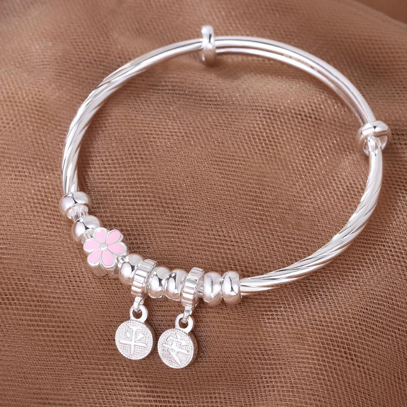 Sterling Silver Flower Peace Push-Pull Bracelets for Kids - Solid Enamel Design, Medium & Large Sizes Available.