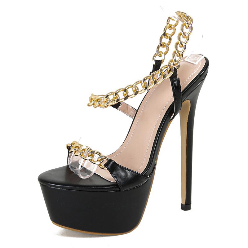 Liyke Summer 16CM Stiletto Sandals Women Sexy Thick Bottom Open Toe Metal Chain Back Strap Designer Shoes Platform High Heels
