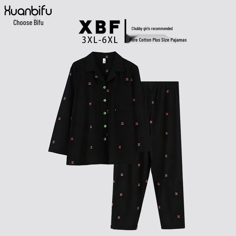 

Хлопковая пижама большого размера цвета черной вишни для женщин - Свободная, Очень большая с длинным рукавом для дома на весну и осень 3XL (for 120-160 jin)