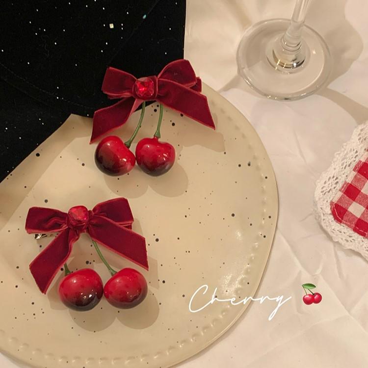 Women's Red Bow Cherry Hairpin Side Clip – Elegant Hair Accessory