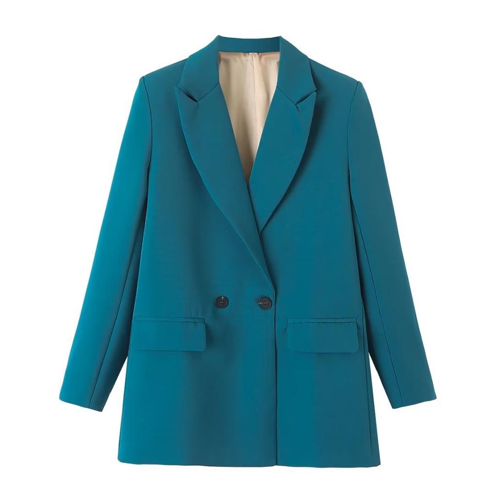 Women Fashion Pockets Solid Double Breasted Blazer Vintage Long Sleeves Notched Neck  Office Lady Outfits