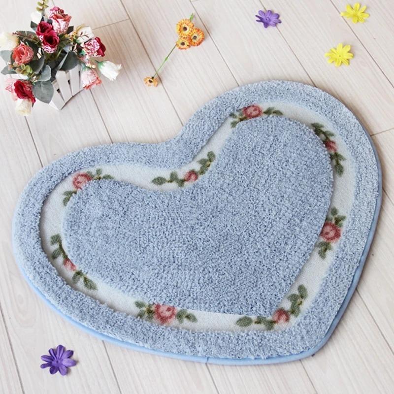 Heart Shape Nonslip Bath Mat Embroidered Toilet Rug Kit Water Absorption Door Mat for Bathroom Toilet Bedroom Floor Mat