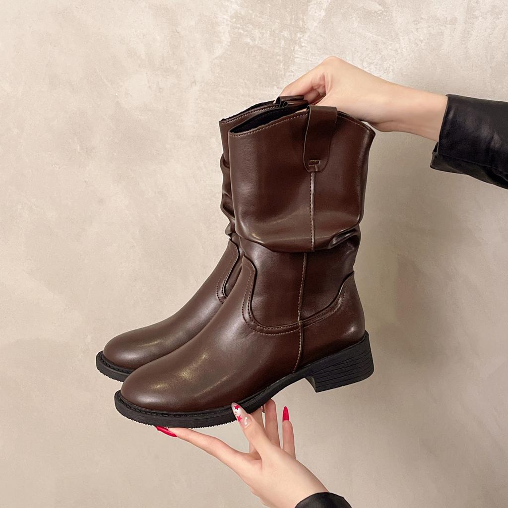 Brown Martin Boots Women's 2025 New Autumn Merard Wasteland Wind Western Boots Medium Tube Knight Pile Short Boots