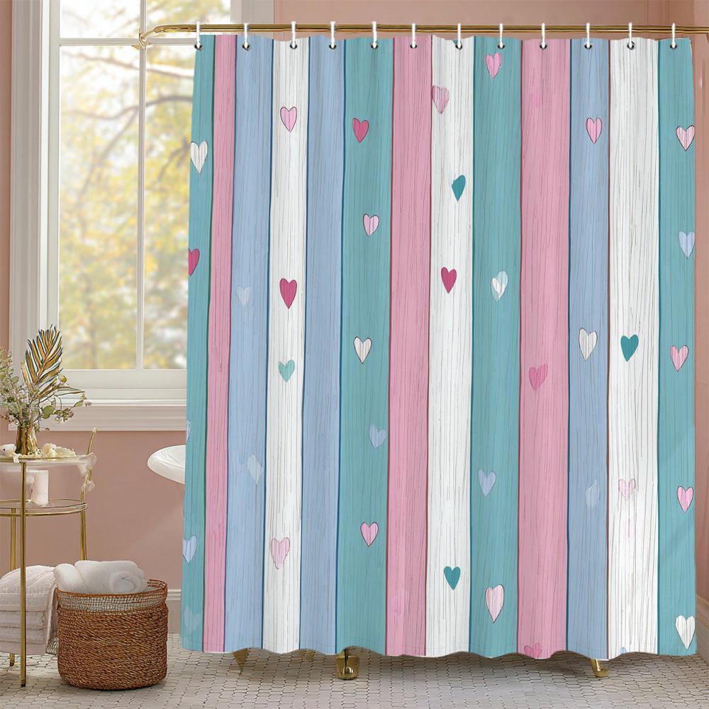 1Pc Heart Shaped Valentine S Day Shower Curtain - With Hooks Print Polyester Shower Curtain Bathroom Decoration Hanging Curtain