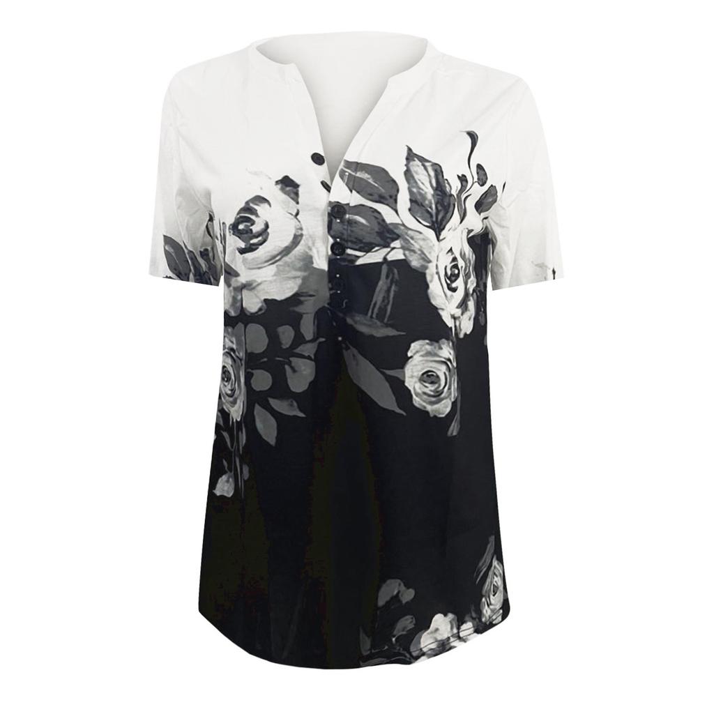 Women's Fashion Casual V-neck Short Seeve Ethnic Printing Button Loose Top