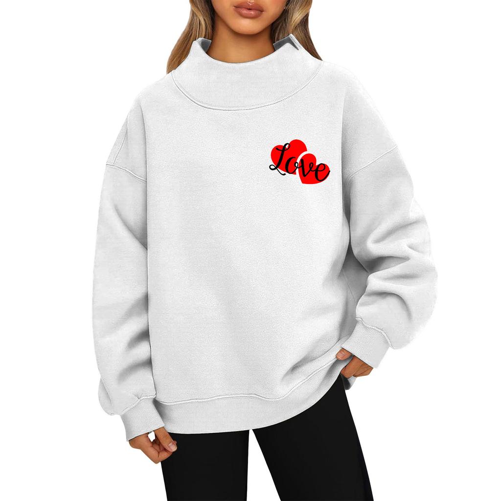Women's Valentine's Day Print Fashion Loose High-Collar Long Sleeve Solid Color Sweatshirt Pullover