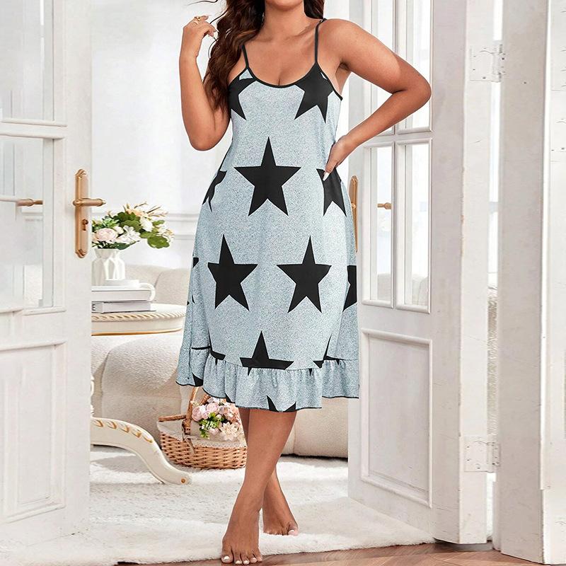 Spring and Summer European and American Plus Size Women Pajamas Homewear Suspenders In the Skirt Printed Nightgown Sleepwear
