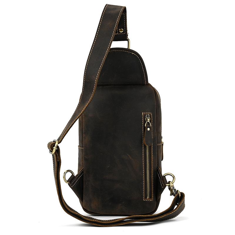 Vintage Crazy Horse Cowhide Leather Mens Chest Bag Retro Sports Casual Crossbody Sling Shoulder Bag Lightweight Outdoor Daily Bag for Men