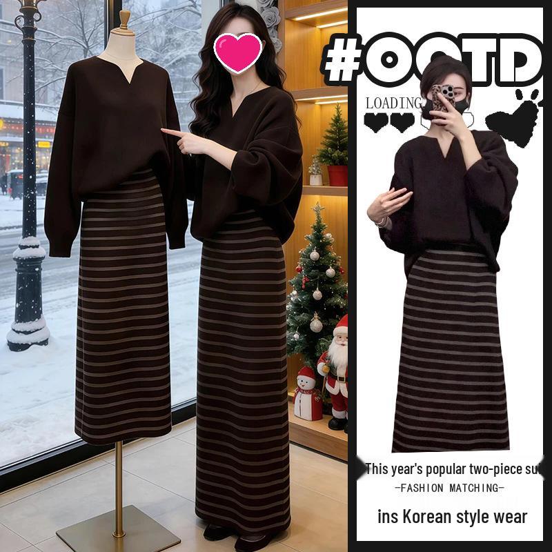 

Korean Style Seagull Collar Top & High Waist Striped Skirt Set - Autumn/Winter Collection 2XL [Recommended 125-140 jin]