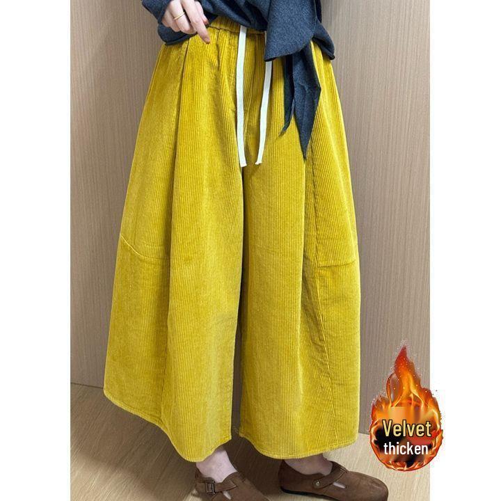 Korean Style Slimming Wide-Leg Corduroy Wool Pants for Women