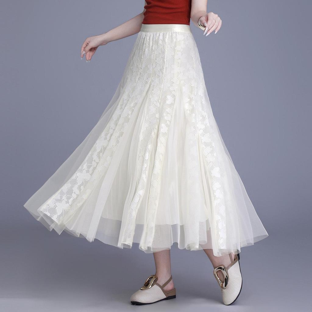 A-line Midi Skirt: High Waist Mesh Lace Patchwork for Women - Spring/Summer 2026