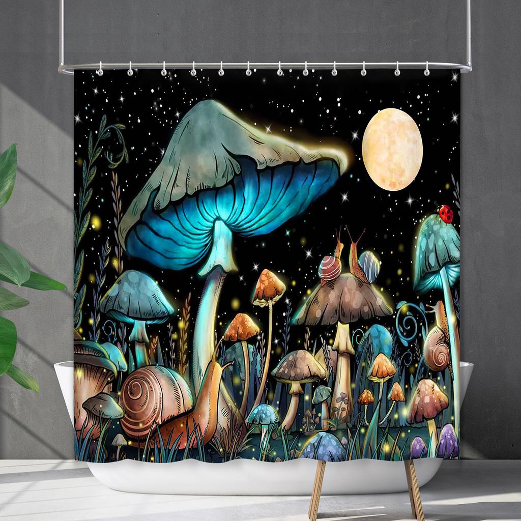 Bathroom Waterproof Curtain Digital Printing Plant Mushroom Shower Curtain Non-Punching Toilet Partition Curtain Shower Cloth