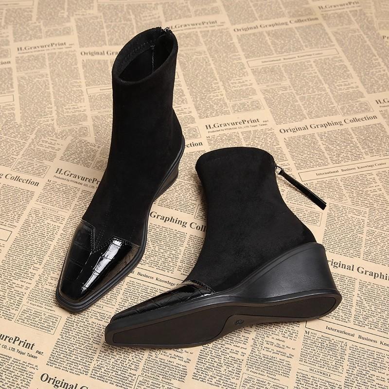 Wedge Heel Booties Fall  New Square Toe Paneled Suede Rear Zipper Soft Slip Booties