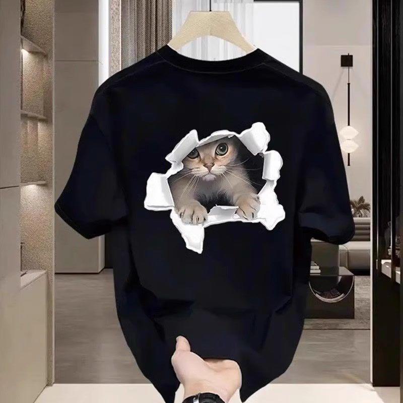 Unisex American Style Loose Fit Cat Print Summer T-Shirts