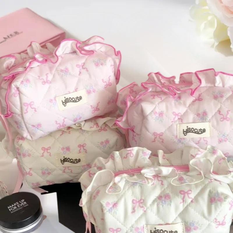 Chic Bow Flower Quilting Cotton Cosmetic Bag for Women, Zippered Makeup Organizer, Portable Cloth Toiletry Handbag for Girls