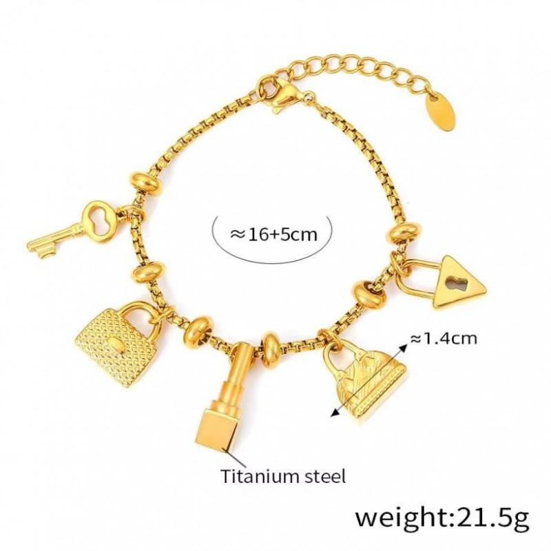 Vintage-Inspired Rhinestone Pendant Charm Bracelet Women 18K Gold Plated Titanium Steel Hypoallergenic Fade-Resistant