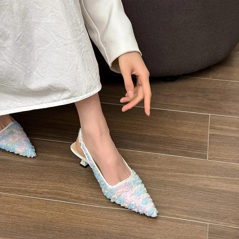 New Summer Mesh Lace Transparent Head Fine Kitten Heels Women Wear Pointed Toe Shallow Mouth Non-slip Sandals