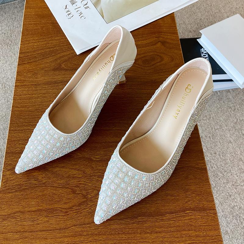 French Xiuhe Wedding Dress Two Wear Crystal Sequined Wedding Shoes Bridal Shoes Pointed Thin Heels Single Shoes High Heels