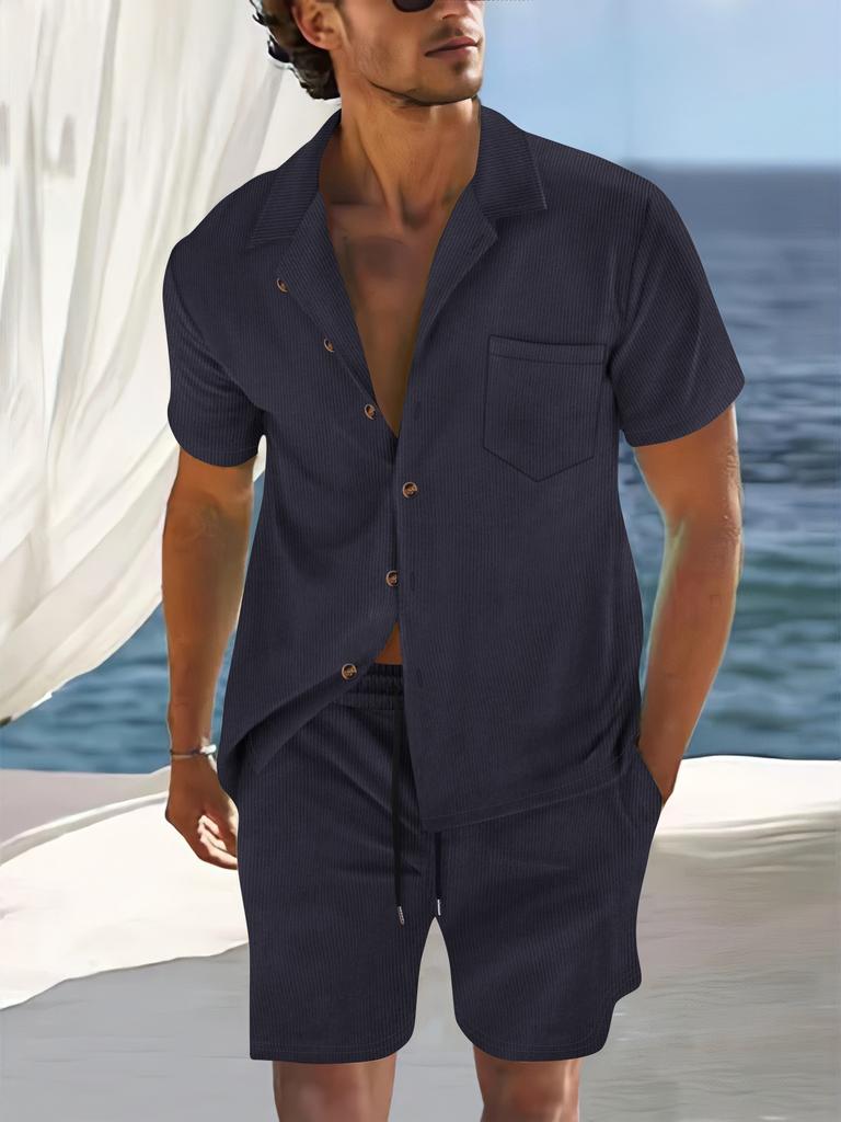 Conjunto de Camisa de Gola Cubana de Manga Curta e Shorts de Verão Masculino, Conjunto Casual Leve de Duas Peças com Caimento Relaxado