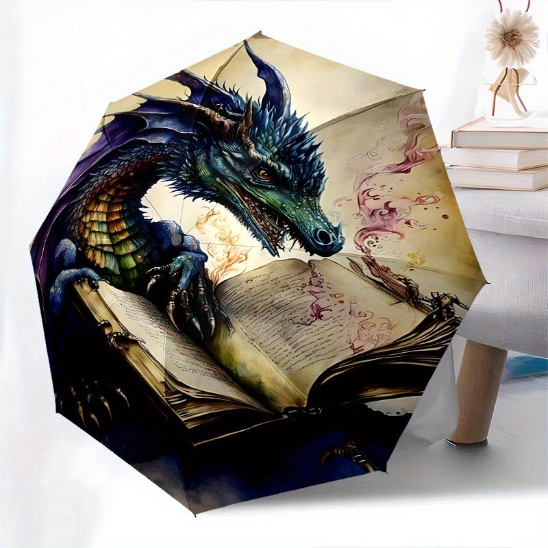 Dragon Book Theme Automatic Open/Close Umbrella, Portable 3 Fold Compact Umbrella for Men & Women, Valentine's Day Mother's Day Gift0725085