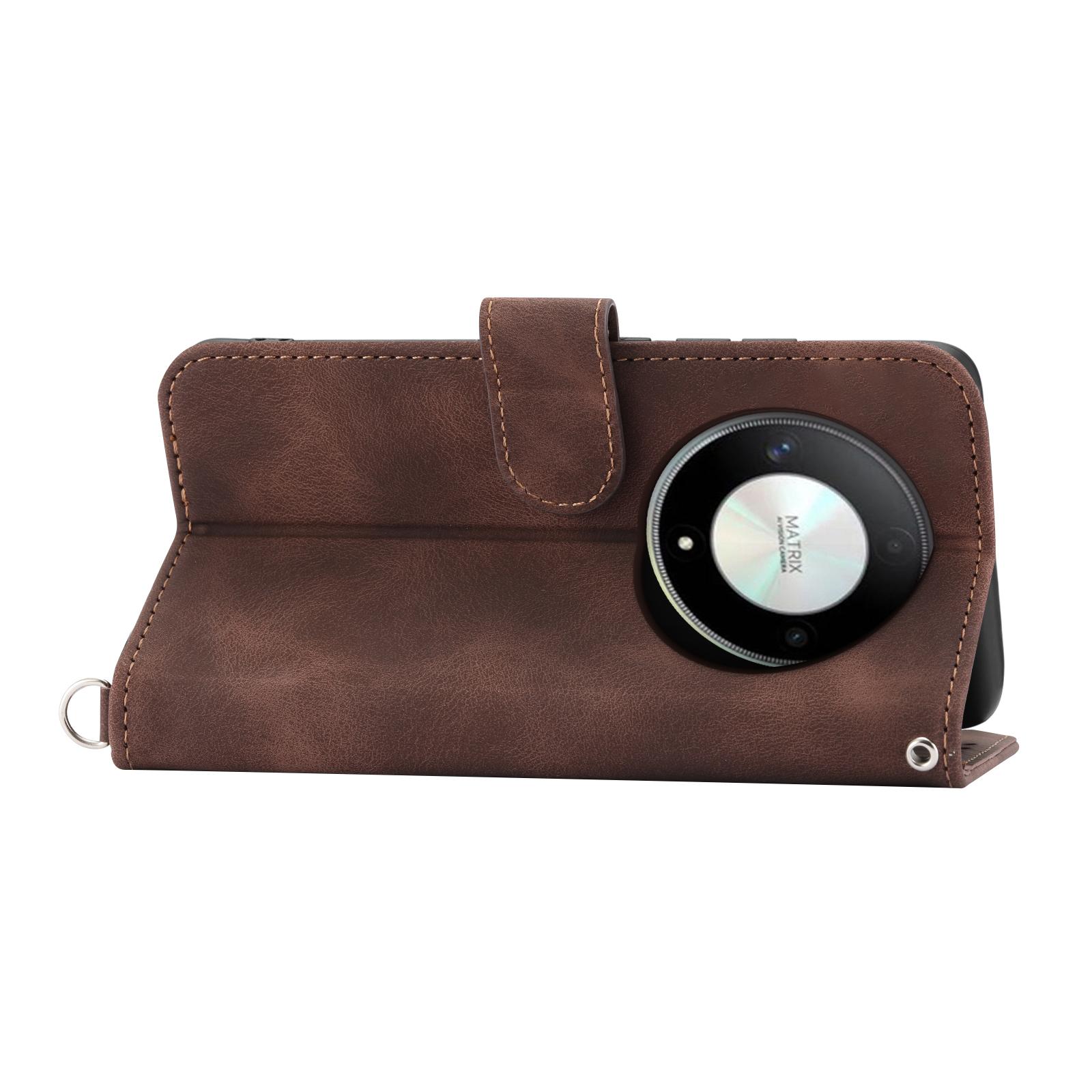 

For Honor X9b 5G/Magic6 Lite 5G Leather Case Wallet Cover with Hand Strap and Shoulder Strap Brown