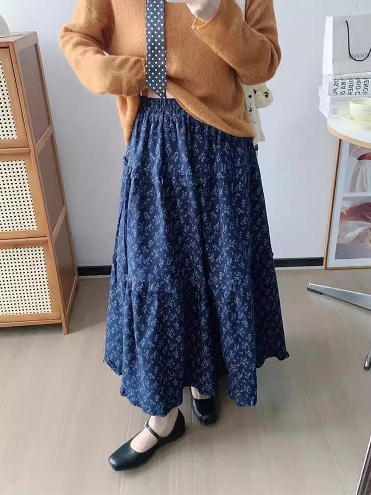 Purple Floral Mori-kei High-Waist A-line Pleated Skirt for Women - Autumn/Winter L