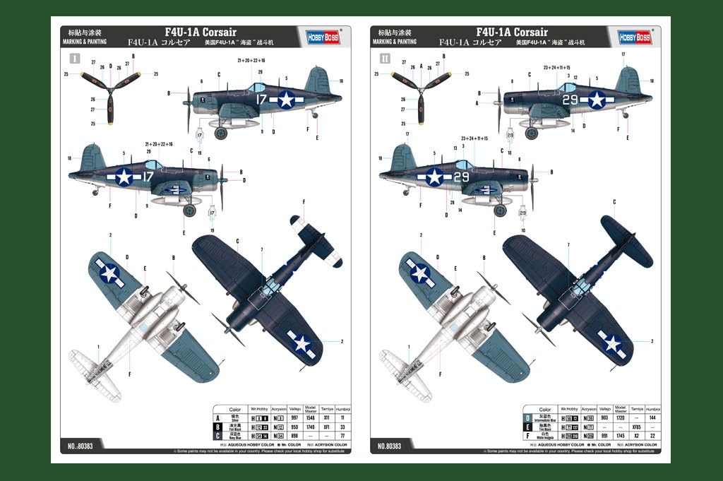 Hobby Boss 1/48 Scale Aircraft Series U.S. F4U-1A Corsair Plastic Model Kit 80383 (Pre-painted)