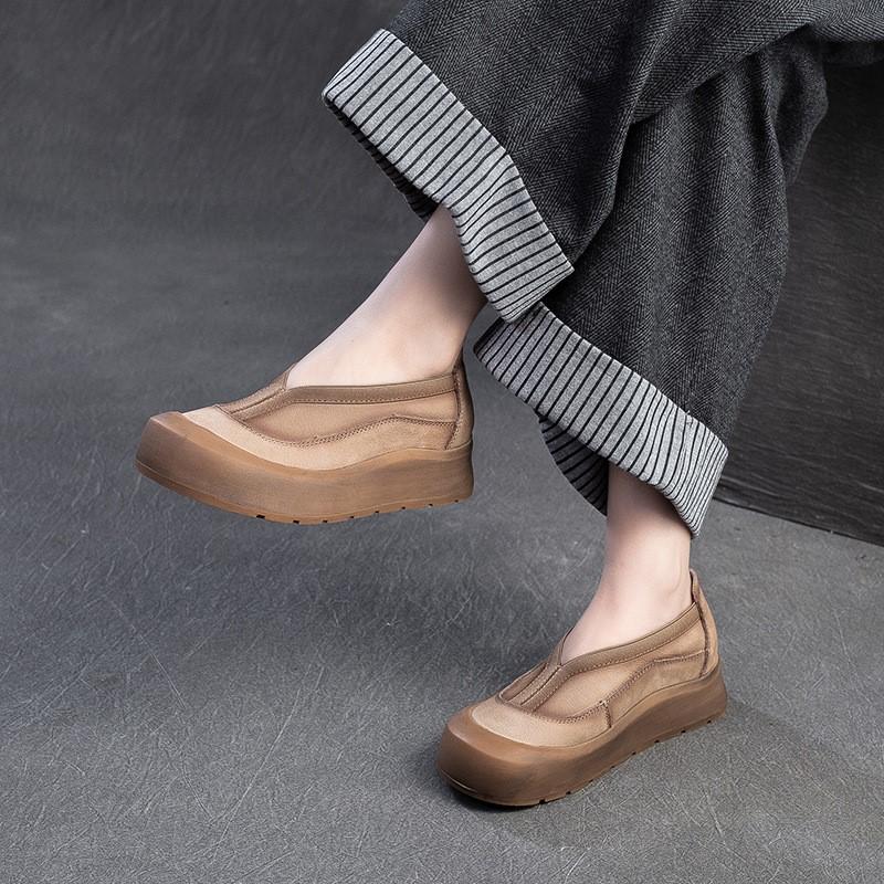 Johnature Genuine Leather Thick Soled Round Toe Loafers Retro Comfortable Women's Flat Platform Shoes