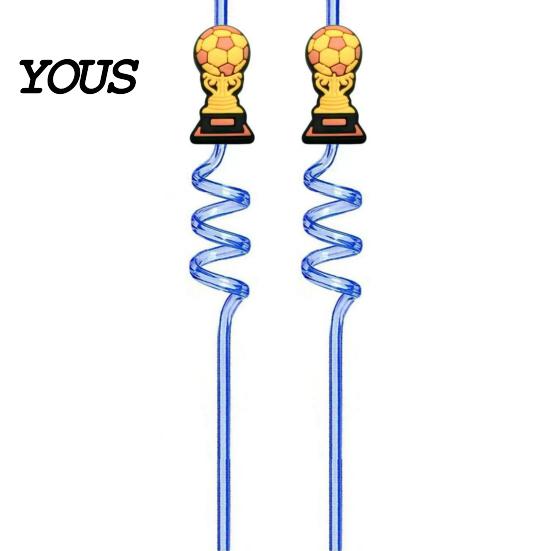 Reusable PET Straw 2Pcs Soccer Theme Spiral Straws, Curved Drinking Washable Straws with Football Charm, World Mug Party Beverage Decor Bendable