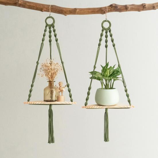 Wall Hanging Corner Shelf Bohemia Handmade Cotton Rope 1/2 Tier Triangle Storage Shelf Farmhouse Rustic Wood Potted Plants Planter Craft Display Rack